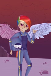 Size: 1280x1920 | Tagged: safe, artist:loloujelsa, derpibooru import, rainbow dash, human, alternate hairstyle, alternate timeline, amputee, apocalypse dash, armor, artificial wings, augmented, belt, clothes, crystal war timeline, eye scar, female, finger gun, helmet, humanized, knee pads, pants, prosthetic limb, prosthetic wing, prosthetics, redraw, rock, scar, solo, tailed humanization, winged humanization, wings