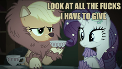 Size: 1280x720 | Tagged: safe, edit, edited screencap, screencap, applejack, rarity, earth pony, pony, unicorn, scare master, applelion, bowl, clothes, costume, cup, image macro, meme, mermarity, no fucks, tea party of doom, vulgar