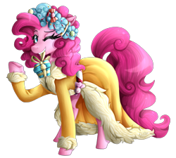 Size: 2000x1800 | Tagged: safe, artist:kikirdcz, pinkie pie, earth pony, pony, a hearth's warming tail, clothes, mouth hold, present, raised hoof, robe, signature, simple background, solo, spirit of hearth's warming presents, transparent background, wink