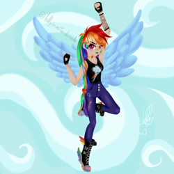 Size: 1024x1024 | Tagged: safe, artist:lollyinventandomoda, artist:loloujelsa, derpibooru import, rainbow dash, human, alternate hairstyle, armpits, bandaid, boots, choker, clothes, cloud, converse, element of loyalty, female, fingerless gloves, flying, gloves, humanized, jeans, lipstick, pants, scar, scratches, shoes, sky, solo, tanktop, winged humanization, wings