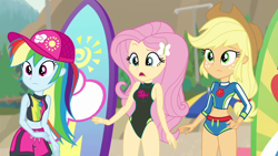 Size: 1280x720 | Tagged: safe, artist:marcorois, derpibooru import, edit, edited screencap, editor:slayerbvc, screencap, applejack, fluttershy, rainbow dash, better together, blue crushed, equestria girls, beach, board shorts, clothes, geode of super speed, geode of super strength, magical geodes, one-piece swimsuit, rash guard, surfboard, swimming trunks, swimsuit, swimsuit edit, wetsuit