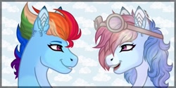 Size: 1280x640 | Tagged: safe, artist:akumajdragon, derpibooru import, rainbow dash, oc, pegasus, pony, cloud, duo, female, glasses, mare, sky, smiling