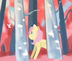 Size: 1000x852 | Tagged: safe, fluttershy, butterfly, pegasus, pony, female, folded wings, forest, looking at something, looking up, mare, outdoors, solo, wings