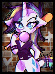 Size: 768x1024 | Tagged: safe, artist:akushinutchi, rarity, pony, semi-anthro, unicorn, alternate hairstyle, baseball bat, bracelet, bubblegum, chromatic aberration, clothes, female, food, gum, jacket, jewelry, leather jacket, looking at you, mare, punk, raripunk, solo, spiked wristband, wristband