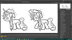 Size: 1920x1080 | Tagged: safe, applejack, earth pony, pony, applebuck season, adobe flash, concept art, exhausted, floppy ears, frown, incorrect leg anatomy, leak, messy mane, tired, wavy mouth, windows, windows 10