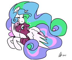 Size: 1280x1060 | Tagged: safe, artist:rwl, jasmine leaf, princess celestia, alicorn, earth pony, pony, blushing, crack shipping, cute, duo, duo female, embarrassed, eyes closed, female, horn, hug, jasminelestia, lesbian, mare, shipping, simple background, white background, winghug, wings