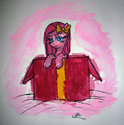 Size: 2190x2208 | Tagged: safe, artist:leadhooves, pinkie pie, earth pony, pony, box, pinkamena diane pie, solo, traditional art, watercolor painting