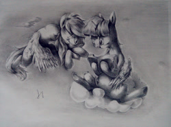 Size: 2500x1853 | Tagged: safe, artist:lililioon, derpibooru import, rainbow dash, twilight sparkle, twilight sparkle (alicorn), alicorn, pegasus, pony, book, cloud, female, folded wings, lesbian, mare, on a cloud, shipping, spread wings, traditional art, twidash, wings