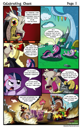 Size: 2000x3091 | Tagged: safe, artist:wadusher0, derpibooru import, discord, spike, twilight sparkle, twilight sparkle (alicorn), alicorn, dragon, pony, celebrating chaos, comic, female, mare