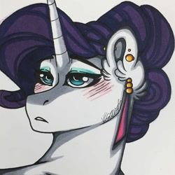 Size: 1280x1280 | Tagged: safe, artist:nightmare-moons-throneroom, rarity, crystal pony, pony, unicorn, alternate hairstyle, blushing, crystal rarity, ear piercing, earring, eyeshadow, female, jewelry, makeup, mare, piercing, simple background, solo, white background