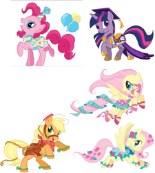 Size: 1861x2072 | Tagged: safe, applejack, fluttershy, pinkie pie, twilight sparkle, earth pony, pegasus, pony, balloon, bridle, clothes, concept art, cute, dress, leak, official art, saddle, spurs