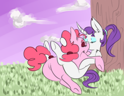 Size: 400x308 | Tagged: safe, artist:ogaraorcynder, pinkie pie, rarity, earth pony, pony, unicorn, female, lesbian, plot, raripie, shipping