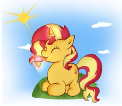 Size: 1649x1427 | Tagged: safe, artist:doraeartdreams-aspy, sunset shimmer, unicorn, cloud, cute, eating, eyes closed, food, ice cream, licking, magic, prone, shimmerbetes, solo, sun, telekinesis, tongue out