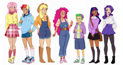 Size: 2050x1100 | Tagged: safe, artist:laescbr, applejack, fluttershy, pinkie pie, rainbow dash, rarity, spike, twilight sparkle, human, alternate hairstyle, applejack's hat, bag, beanie, bedroom eyes, belt, boots, bracelet, clothes, converse, cowboy boots, cowboy hat, cute, dark skin, ear piercing, earring, elf ears, female, flats, freckles, grin, hat, hoodie, humanized, jeans, jewelry, lipstick, male, mane seven, mane six, necklace, open mouth, overalls, pants, piercing, shirt, shoes, shorts, simple background, skirt, smiling, sneakers, socks, sports shorts, stockings, striped socks, sweater, sweatershy, t-shirt, thigh highs, vest, white background, wristband