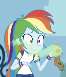 Size: 716x827 | Tagged: safe, derpibooru import, screencap, rainbow dash, better together, choose your own ending, equestria girls, sock it to me, sock it to me: bulk biceps, disgusted, faic, female, foot odor, smelly, smelly sock, sock, solo, wavy mouth