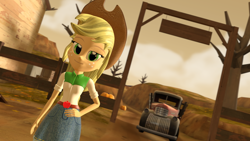 Size: 1920x1080 | Tagged: safe, artist:razethebeast, derpibooru import, applejack, equestria girls, 3d, bedroom eyes, clothes, cowboy hat, denim skirt, hat, skirt, smiling, solo, source filmmaker, stetson, vehicle, wallpaper