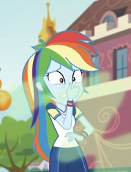 Size: 629x827 | Tagged: safe, derpibooru import, screencap, rainbow dash, better together, choose your own ending, equestria girls, sock it to me, sock it to me: bulk biceps, cropped, female, foot odor, holding nose, not a fart, plugged nose, smelly, smelly sock, solo