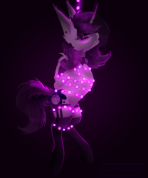 Size: 800x960 | Tagged: safe, artist:electra gertly, oc, oc:shady nite, alicorn, vampire, abstract background, accessories, alicorn oc, arm behind back, bondage, female, garland, horn, new year, piercing, simple background, solo, stockings, suspended, thigh highs, tied up, wing fluff, wings