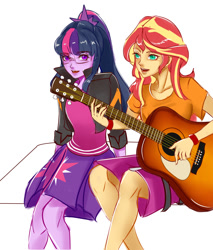 Size: 1450x1700 | Tagged: safe, artist:reinver, sci-twi, sunset shimmer, twilight sparkle, equestria girls, bracelet, clothes, female, glasses, guitar, jacket, jewelry, lesbian, musical instrument, open mouth, playing, scitwishimmer, shipping, simple background, skirt, sunsetsparkle, white background