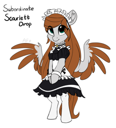 Size: 3500x3836 | Tagged: safe, artist:airfly-pony, oc, oc:scarlett drop, arm hooves, bipedal, clothes, colored wings, maid, multicolored wings, stockings, thigh highs, wings