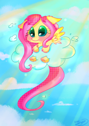 Size: 2893x4092 | Tagged: safe, artist:nsyubakastudio, fluttershy, pegasus, pony, cloud, crepuscular rays, floppy ears, fluffy, sky, solo, spread wings, stuck