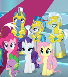 Size: 539x607 | Tagged: safe, derpibooru import, screencap, discord, fluttershy, pinkie pie, rainbow dash, rarity, spike, dragon, earth pony, pegasus, pony, unicorn, the ending of the end, animation error, arrow, cropped, female, leak, royal guard, winged spike