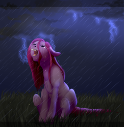 Size: 2161x2225 | Tagged: safe, artist:maria-fly, pinkie pie, earth pony, pony, crying, floppy ears, lightning, rain, screaming, sitting, solo, underhoof, wet, wet mane