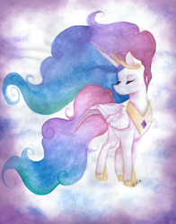Size: 1024x1303 | Tagged: safe, artist:mindlesssketching, princess celestia, alicorn, pony, eyes closed, solo, traditional art, watercolor painting