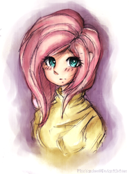 Size: 1178x1585 | Tagged: safe, artist:missyandere, fluttershy, human, clothes, colored pupils, heart eyes, humanized, solo, sweater, sweatershy, wingding eyes
