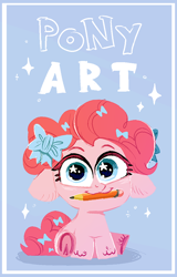 Size: 674x1050 | Tagged: safe, artist:kapusha-blr, pinkie pie, earth pony, pony, bow, cute, floppy ears, pencil, solo, sparkles, young