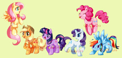 Size: 926x444 | Tagged: safe, artist:kikulina, derpibooru import, applejack, fluttershy, pinkie pie, rainbow dash, rarity, twilight sparkle, unicorn twilight, earth pony, pegasus, pony, unicorn, :p, cowboy hat, female, flying, hat, mane six, mare, pronking, simple background, tongue out, yellow background