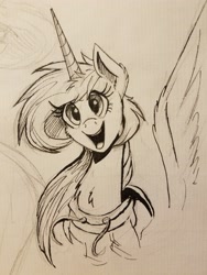 Size: 3024x4032 | Tagged: safe, artist:ncmares, princess celestia, alicorn, pony, clothes, cute, cutelestia, female, hoodie, horn, inktober, mare, monochrome, open mouth, sketch, smiling, solo, traditional art, wings