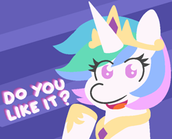 Size: 674x544 | Tagged: safe, artist:threetwotwo32232, princess celestia, alicorn, pony, alternate hairstyle, bust, dialogue, looking at you, portrait, short hair, smiling, solo