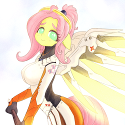 Size: 1791x1791 | Tagged: safe, artist:sigpi, fluttershy, human, big breasts, breasts, crossover, cute, eared humanization, female, hootershy, human facial structure, humanized, mercy, mercyshy, overwatch, ponytail, shyabetes, solo, tail, tailed humanization