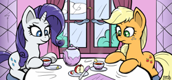 Size: 4925x2304 | Tagged: safe, artist:corsairsedge, applejack, rarity, earth pony, pony, unicorn, apple, duo, duo female, female, tea, tea party, teacup, teapot