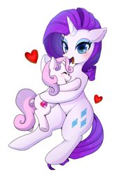 Size: 902x1383 | Tagged: safe, artist:hosikawa, rarity, sweetie belle, pony, unicorn, blushing, cutie mark, female, filly, heart, hug, mare, simple background, sisterly love, sisters, the cmc's cutie marks, white background