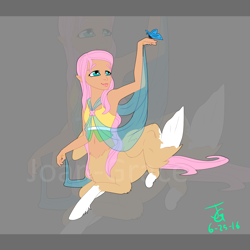 Size: 1700x1700 | Tagged: safe, artist:joan-grace, fluttershy, butterfly, centaur, armpits, belly button, centaurshy, clothes, female, midriff, palomino, prone, solo, tanktop, watermark