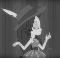 Size: 745x720 | Tagged: safe, screencap, rarity, equestria girls, equestria girls series, rarity investigates: the case of the bedazzled boot, animated, black and white, cropped, detective rarity, fabulous, feather, fedora, female, gif, grayscale, hat, monochrome, solo