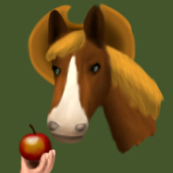 Size: 512x512 | Tagged: safe, artist:platinumdrop, applejack, earth pony, horse, pony, apple, hand, hat, hoers, realistic