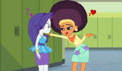 Size: 3000x1766 | Tagged: safe, artist:favoriteartman, artist:ktd1993, edit, rarity, saffron masala, better together, equestria girls, afro, female, flirting, lesbian, looking at each other, raffron, shipping