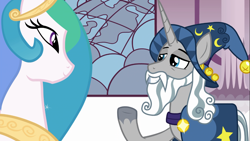 Size: 1366x768 | Tagged: safe, screencap, princess celestia, star swirl the bearded, alicorn, pony, shadow play, female