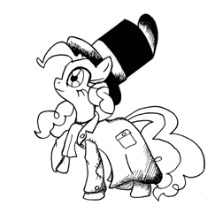 Size: 1792x1846 | Tagged: safe, artist:leadhooves, pinkie pie, earth pony, pony, clothes, hat, monochrome, solo, top hat