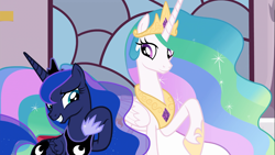 Size: 1366x768 | Tagged: safe, screencap, princess celestia, princess luna, alicorn, pony, shadow play, raised hoof, royal sisters