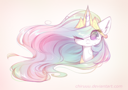 Size: 1024x718 | Tagged: safe, artist:chimeeri, princess celestia, alicorn, pony, crown, female, jewelry, looking at you, mare, one eye closed, regalia, simple background, solo, wink