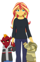 Size: 1215x1875 | Tagged: safe, artist:fantasygerard2000, garble, sunset shimmer, wallflower blush, dragon, human, equestria girls, age regression, alternate universe, clothes, female, headcanon, hoodie, invisible, male, mother, parent, young