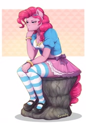 Size: 1434x2060 | Tagged: safe, artist:evomanaphy, pinkie pie, anthro, plantigrade anthro, equestria girls, breasts, cleavage, clothes, equestria girls outfit, female, mary janes, misleading thumbnail, pinkie pies, shoes, sitting, socks, solo, stockings, striped socks, the thinker, thigh highs