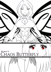 Size: 1280x1802 | Tagged: safe, artist:jonfawkes, discord, fluttershy, oc, oc:chaos butterfly, human, series:nightmare war, belly button, big breasts, breasts, cleavage, explicit source, eyes closed, female, hootershy, humanized, monochrome, possession, solo, transformation