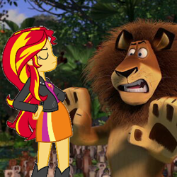 Size: 300x300 | Tagged: safe, edit, edited screencap, screencap, sunset shimmer, big cat, lion, equestria girls, 1000 hours in ms paint, alex the lion, clothes, female, madagascar (movie)