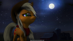 Size: 1024x576 | Tagged: safe, artist:princeoracle, applejack, earth pony, pony, 3d, bandana, female, freckles, mare, moon, night, solo, source filmmaker, stars