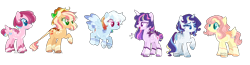 Size: 2100x548 | Tagged: safe, artist:manella-art, derpibooru import, applejack, fluttershy, pinkie pie, rainbow dash, rarity, twilight sparkle, twilight sparkle (alicorn), alicorn, earth pony, pegasus, pony, unicorn, alternate design, base used, hat, mane six, simple background, transparent background